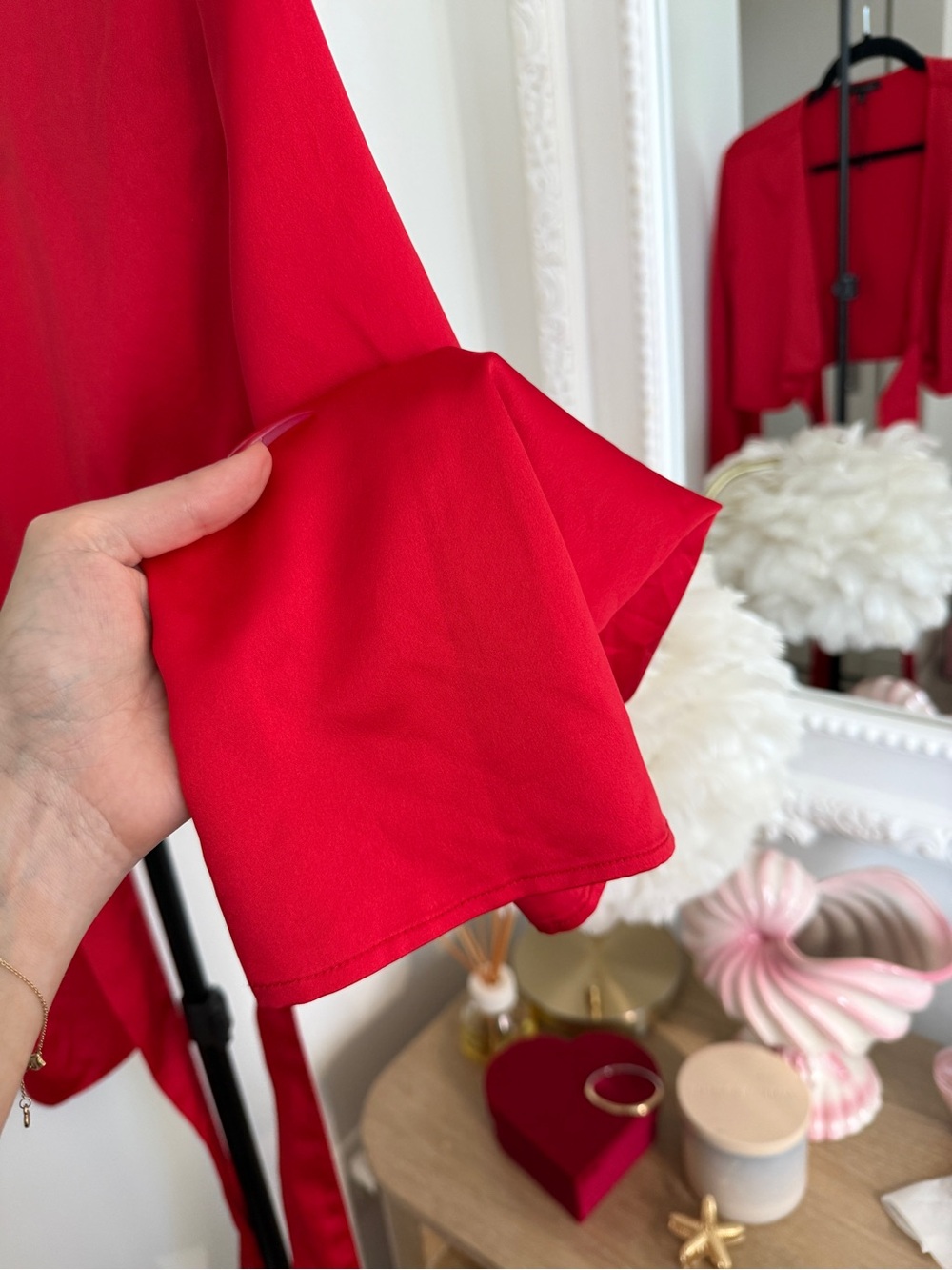 Dynamite Red Satin Tie Front Bell Sleeve Crop Top - Picture 11 of 11